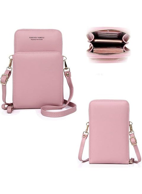 Women's crossbody mobile phone bag, mobile phone wallet, small purse, shoulder bag with two-layer zippers, adjustable detachable strap, card slots