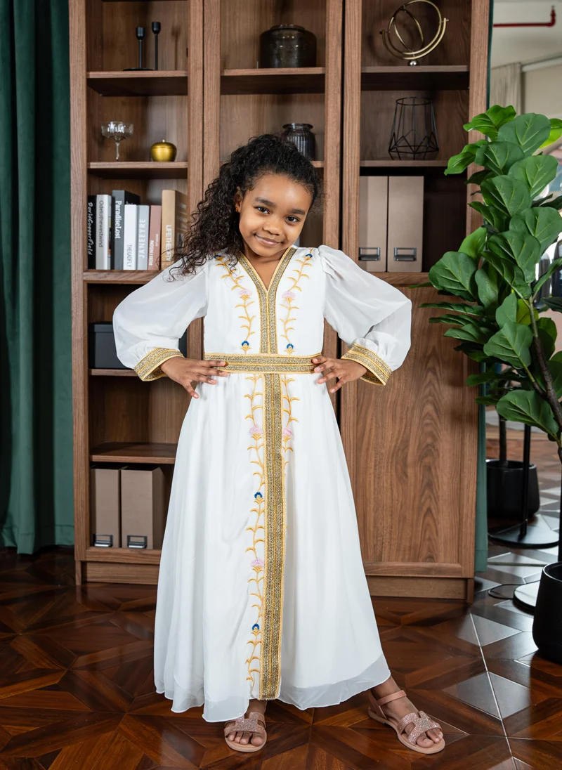 D'Daniela Aria Embroidered White Jalabiya Abaya with Tie-Up Belt and  Sleeves -for Girl