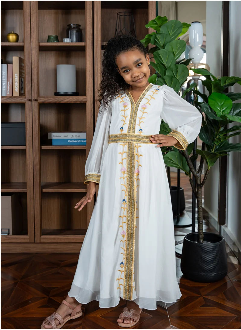 D'Daniela Aria Embroidered White Jalabiya Abaya with Tie-Up Belt and  Sleeves -for Girl