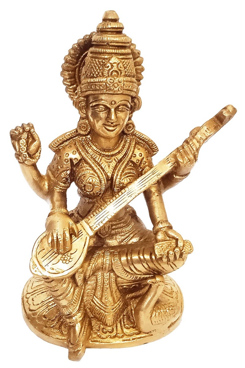 Purpledip Brass Statue Saraswati Saraswathi Hindu Goddess of Knowledge Saraswati Idol Music  Art Decor Gift 11237