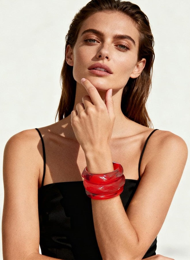 WOWORAMA 3Pcs Red Acrylic Bracelet for Women Chunky Statement Bracelets Irregular Resin Bangle Set Trendy Stackable Translucent Acetate Resin Bracelets Jewelry - Image 4