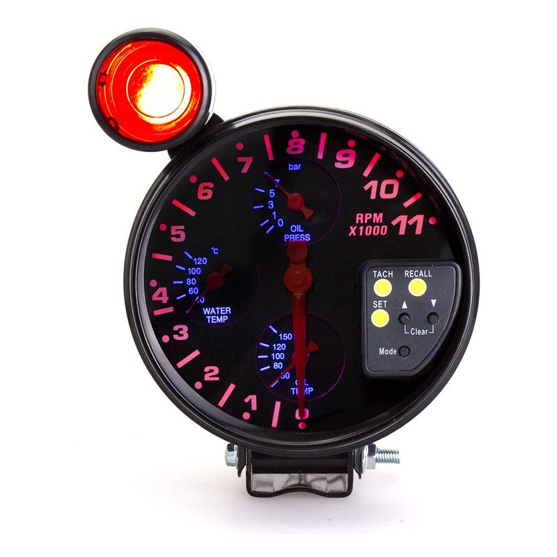 MACHSWON 5 inch Tachometer Gauge Kit Car Motor 4 in 1 RPM Meter 12V LED with Seat and Adjustable Shift Light Oil Press Water Oil Temp Sensor