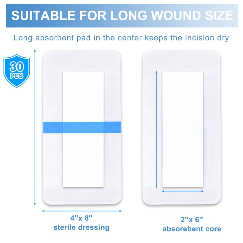 luanerl 30 Pack 4"x 8" Waterproof Adhesive Island Dressing for Post-Surgery Recovery | Sterile Bordered Gauze Bandages with Non-Stick Pad for Knee/Hip Replacement, Surgical Incision Care & Shower Protection - Image 5