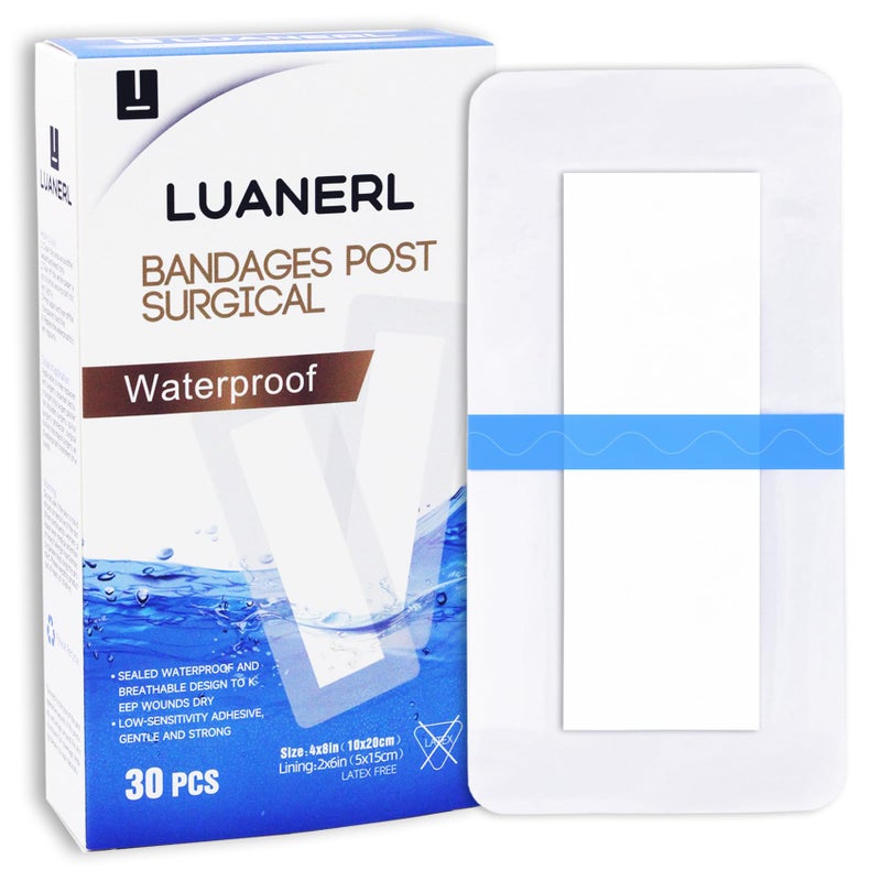 luanerl 30 Pack 4"x 8" Waterproof Adhesive Island Dressing for Post-Surgery Recovery | Sterile Bordered Gauze Bandages with Non-Stick Pad for Knee/Hip Replacement, Surgical Incision Care & Shower Protection - Image 1