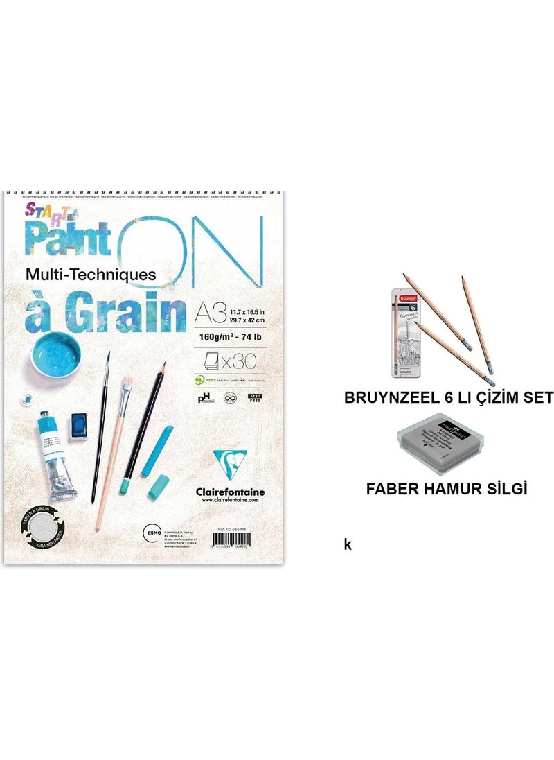 Clairefontaine A3 Drawing Block 160 Gram 30 Sheets Drawing Notebook and 6-Piece Drawing Set Dough Eraser 