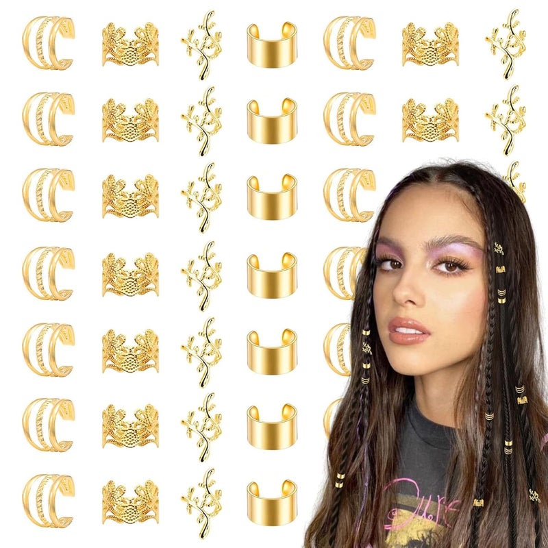 40 PCS Gold Hair Braid Beads Hair Jewelry NonPiercing Dreadlock Cuffs Adjustable Clips Accessories for Women Girls Men Ear Clip Tools