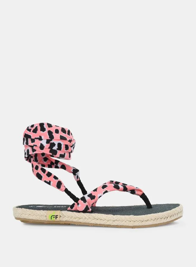 Fresh Feet Printed V Strap Ankle Tie Up Flat Sandals by Styli