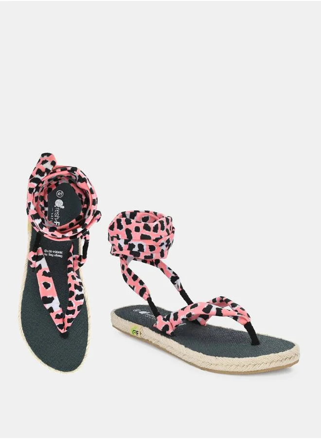 فريش فيت Printed V Strap Ankle Tie Up Flat Sandals