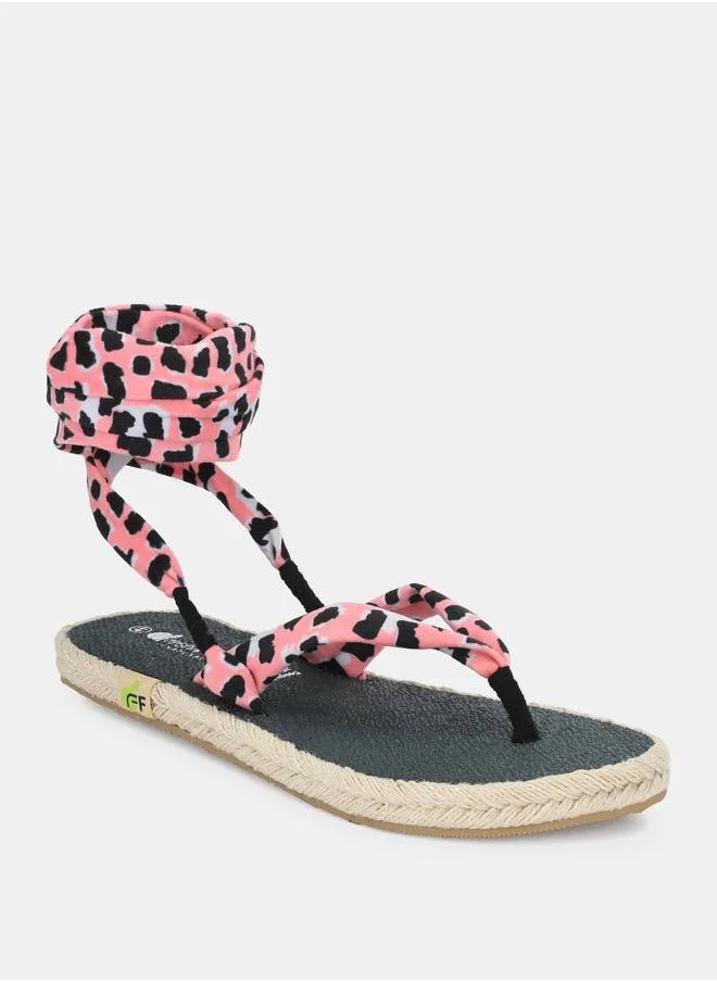 فريش فيت Printed V Strap Ankle Tie Up Flat Sandals