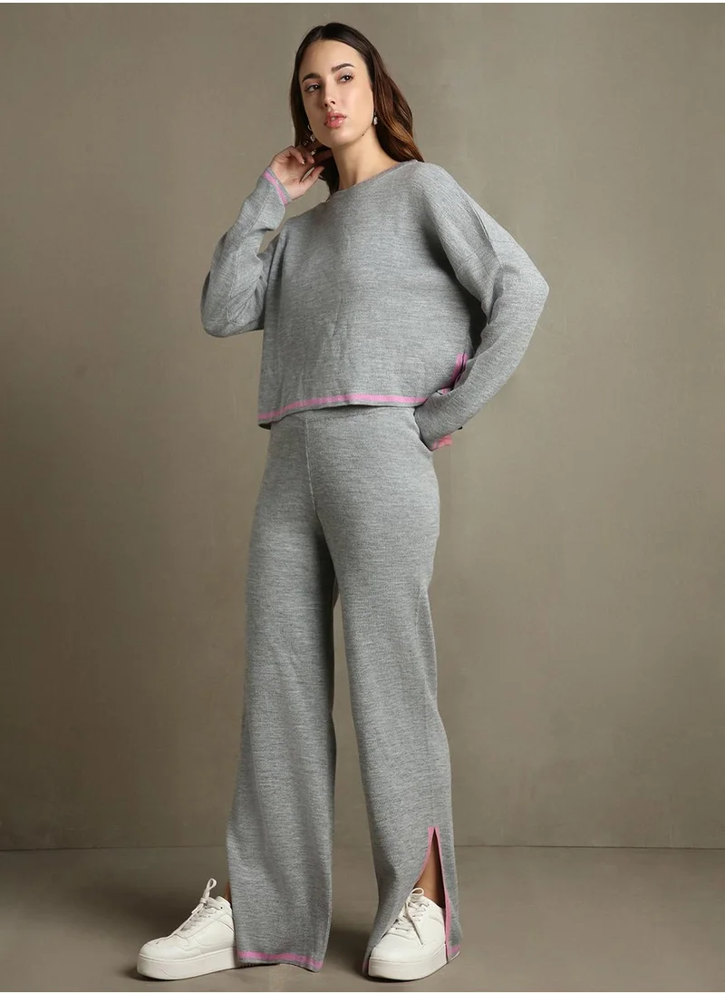 Dennis Lingo Women's Grey Melange 100% Acrylic Solid Regular Fit Sweater