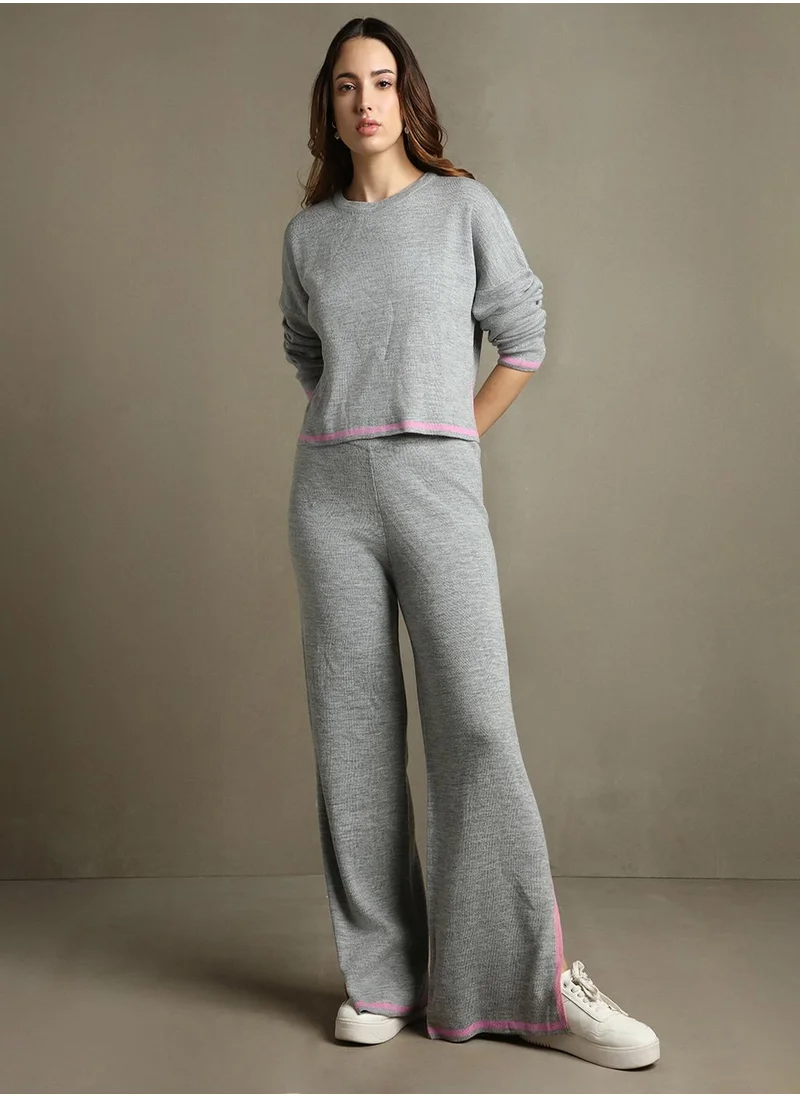 Dennis Lingo Women's Grey Melange 100% Acrylic Solid Regular Fit Sweater