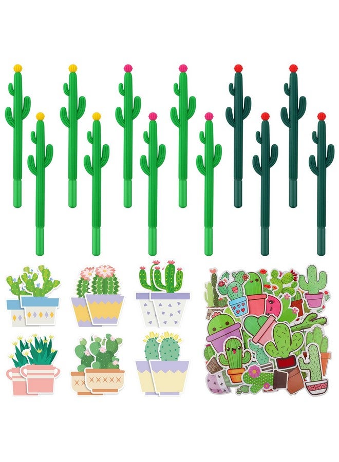 Tinlade 74 Pcs Back To School Cactus Party Favors Including 12 Pcs Cactus Shaped Ballpoint Pens 0.5 Mm Black Gel Ink Pens 50 Pcs Waterproof Vinyl Cactus Stickers 12 Pcs Cactus Succulent Notes For Kid Student - Image 1