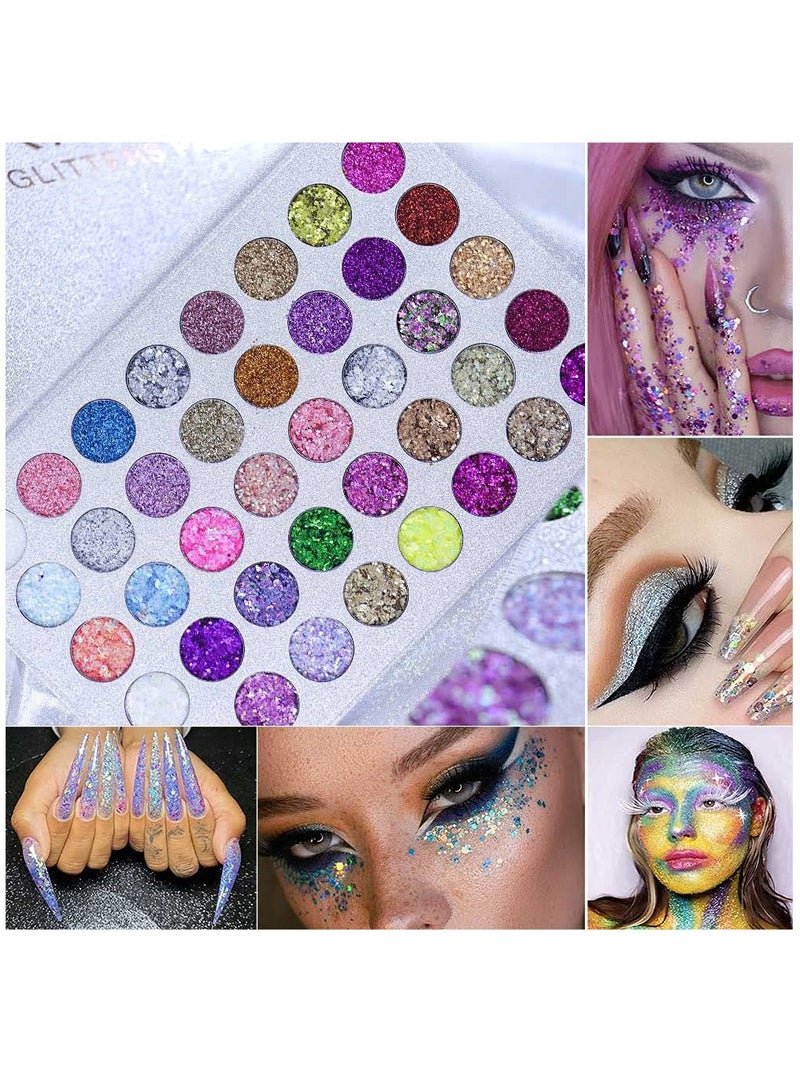 Glitter Eyeshadow, 40 Colors Sparkle Palette Glue Pallete Eyeshadow Face Paint Glitter, White Silver Colorful Sparkly Eye Makeup Pallet Palettes Gel for Women - Image 3