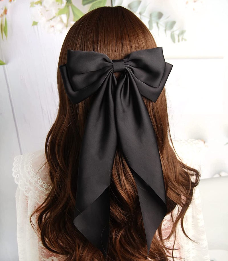 WHISKET - Hair Bow Clip, Big Satin Layered Hair Accessories for Women Girls,Barrette Hair Clip, Long Black Ribbon Bows, French Style - Image 1