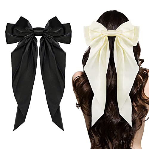 WHISKET - Hair Bow Clip, Big Satin Layered Hair Accessories for Women Girls,Barrette Hair Clip, Long Black Ribbon Bows, French Style - Image 4