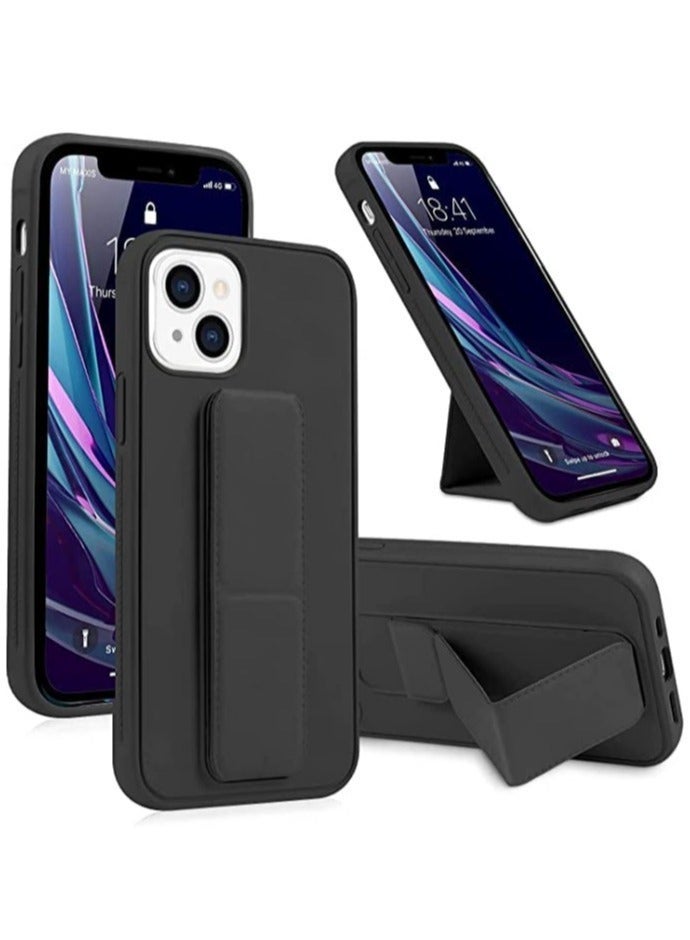 MUNTAQI Hand Grip Foldable Magnetic Kickstand Wrist Strap Finger Grip Case Cover For Apple iPhone 14 6.1 inch Black - Image 1