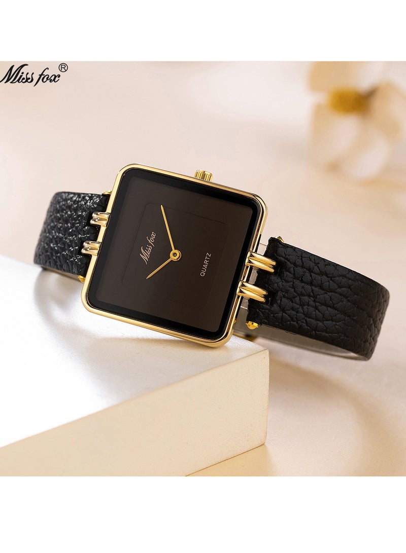 MISS FOX Women's Simple Square Dial Watch Fashion Leather Belt Ladies Quartz Watch - Image 2