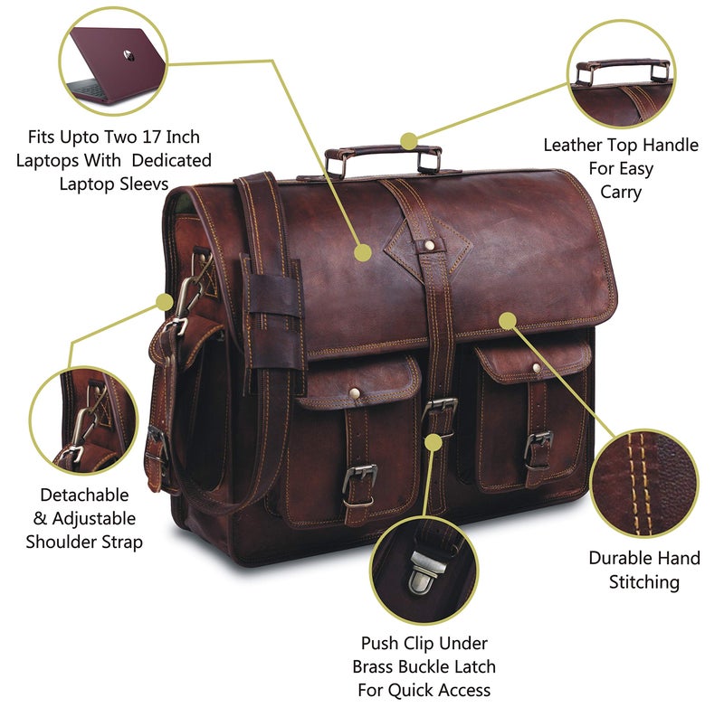 HULSH Vintage Leather Laptop Bag for Men Full Grain Large Leather Messenger bag for men 18 inches with rustic look Brown briefcase (Brown) - Image 3