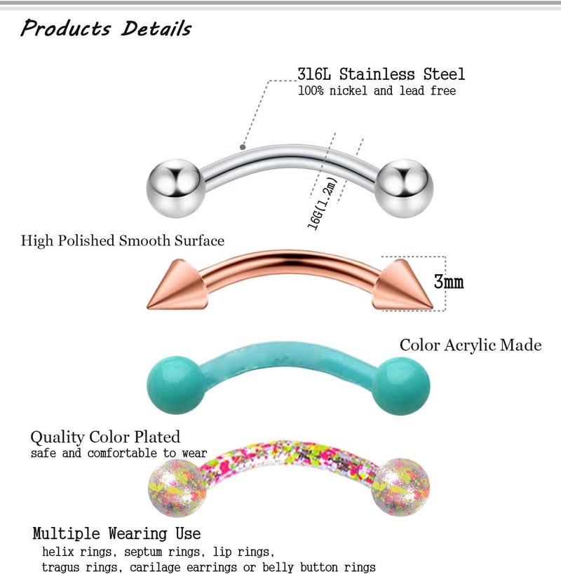 EVELICAL 20-48Pcs 16G Eyebrow Piercing Rook Curved Barbell Kit Eyebrow Tragus Lip Rings for Women Men 8-10mm - Image 2