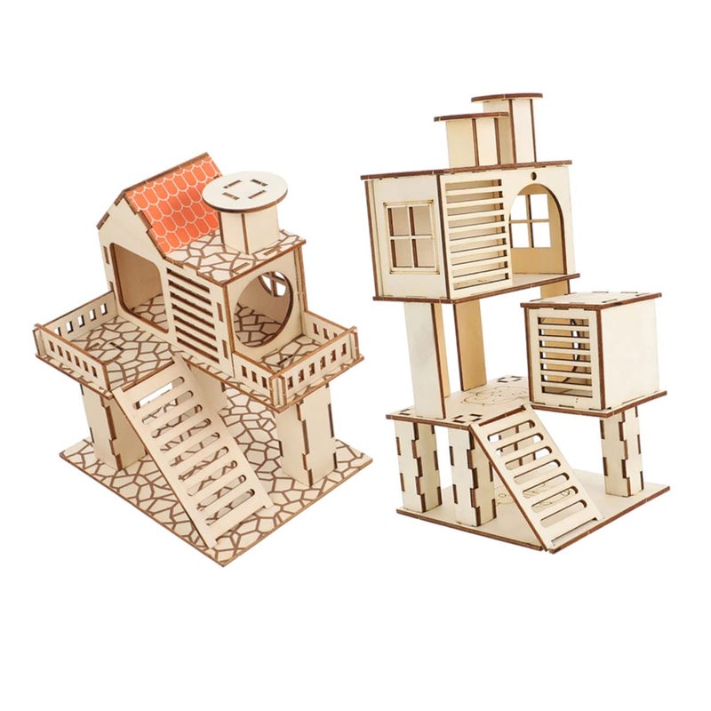 Hamster Wooden Building Nest 2pcs Climbing Frame Platform Bite Resistant Exercise Fun - Image 2