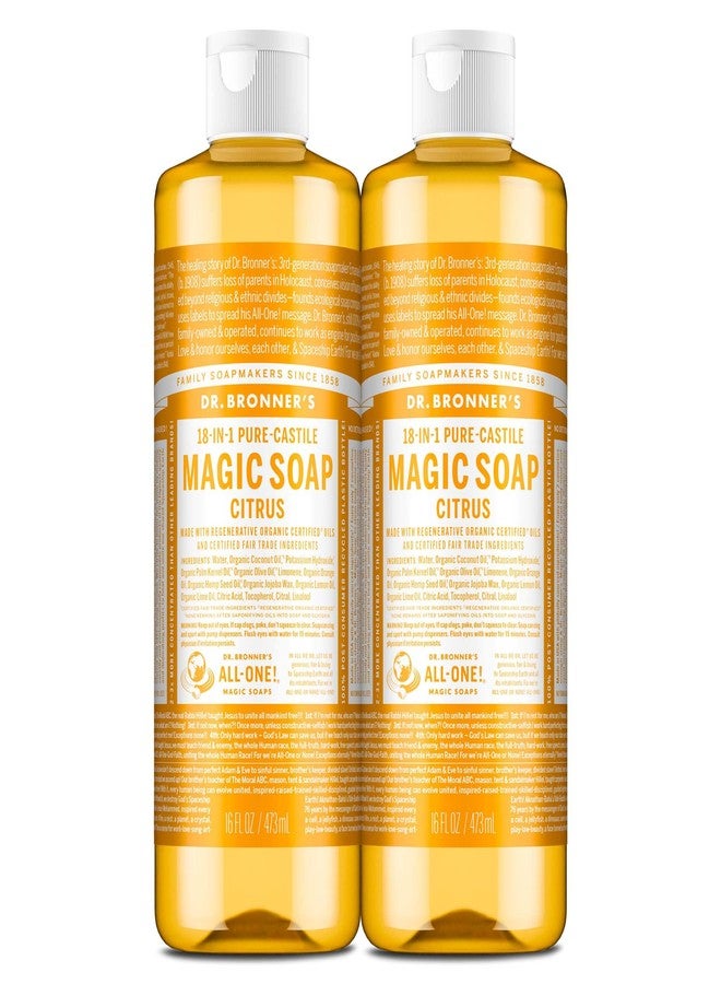 Dr. Bronner's Pure-Castile Magic Liquid Soap (Citrus, 16 Ounce, 2-Pack)- Made with Regenerative Organic Certified Oils, 18-in1 Uses: Face, Hair, Hand & Body Soap, Laundry, Pets- Concentrated, Vegan - Image 1