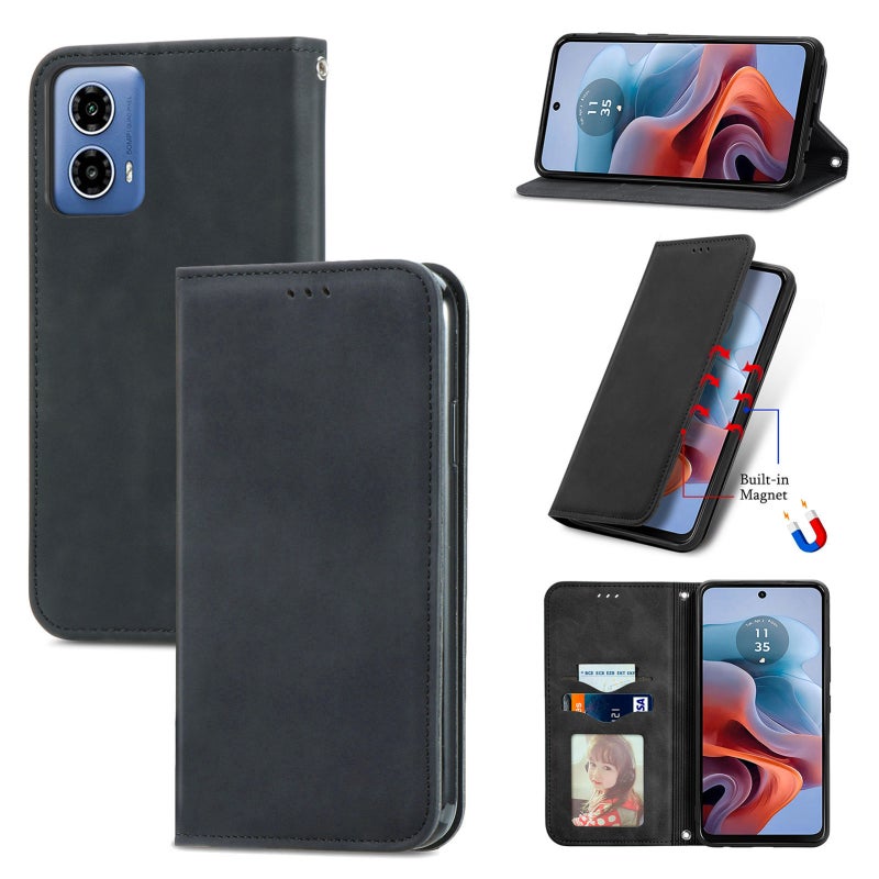 HuHa Protective Cover For Motorola  Moto G34 Retro Skin Feel Magnetic Flip Leather Phone Case(Black) - Image 1