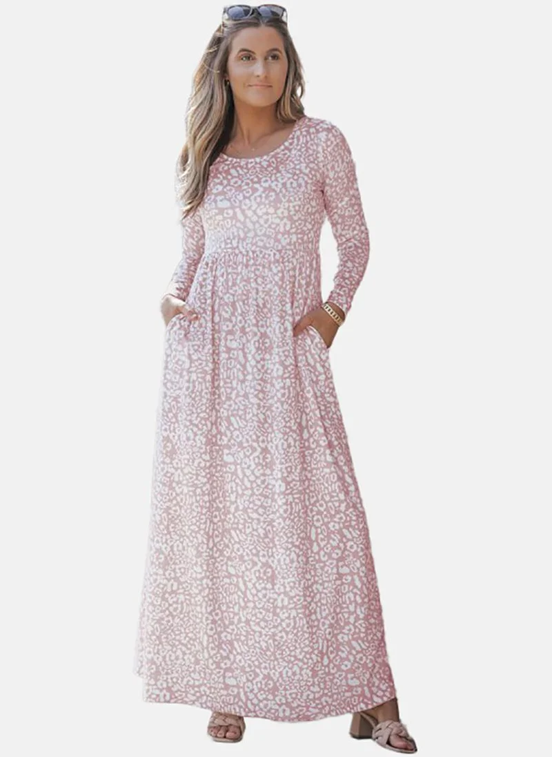 يونيكي Beige Basic Printed U-neck Long Sleeve Dress