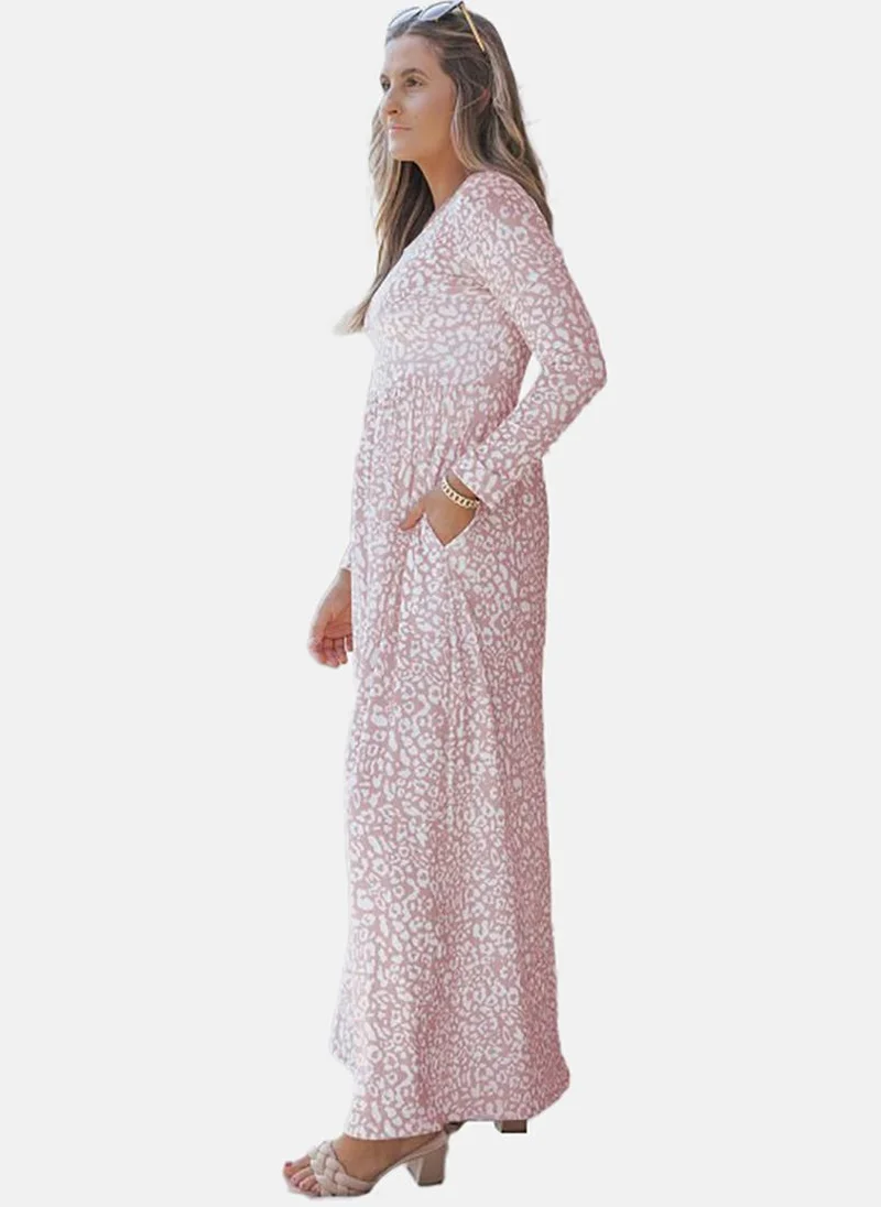 يونيكي Beige Basic Printed U-neck Long Sleeve Dress