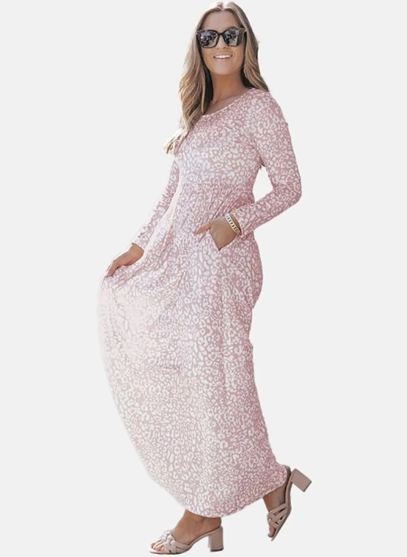 يونيكي Beige Basic Printed U-neck Long Sleeve Dress