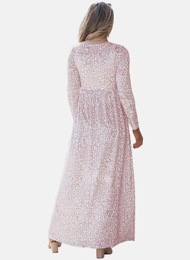 يونيكي Beige Basic Printed U-neck Long Sleeve Dress