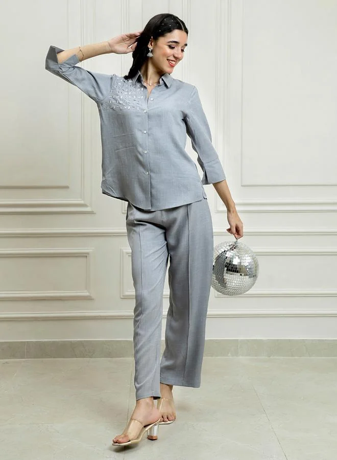 Athena Grey Embellished Top with Trousers Co-Ords