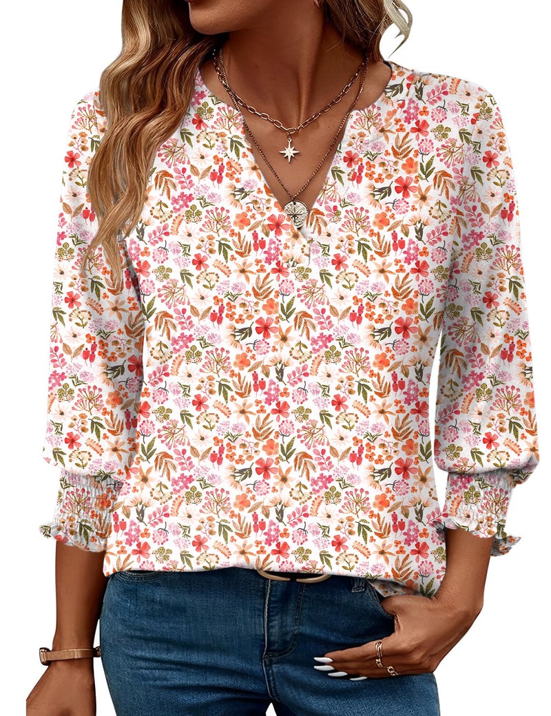 LOMON Womens Summer Tops 3/4 Sleeve Petite Tops Elbow Length Tops Women Shirt Summer Women's 3/4 Sleeve Summer Tops White Red Floral L - Image 1