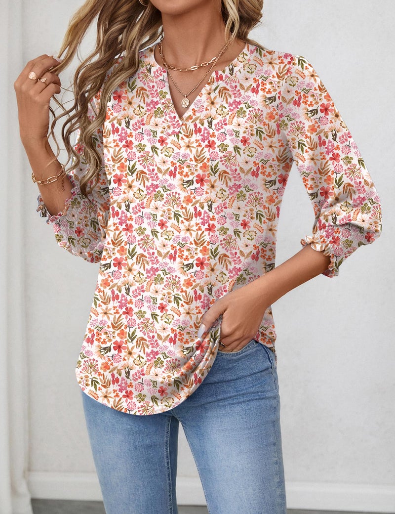 LOMON Womens Summer Tops 3/4 Sleeve Petite Tops Elbow Length Tops Women Shirt Summer Women's 3/4 Sleeve Summer Tops White Red Floral L - Image 2