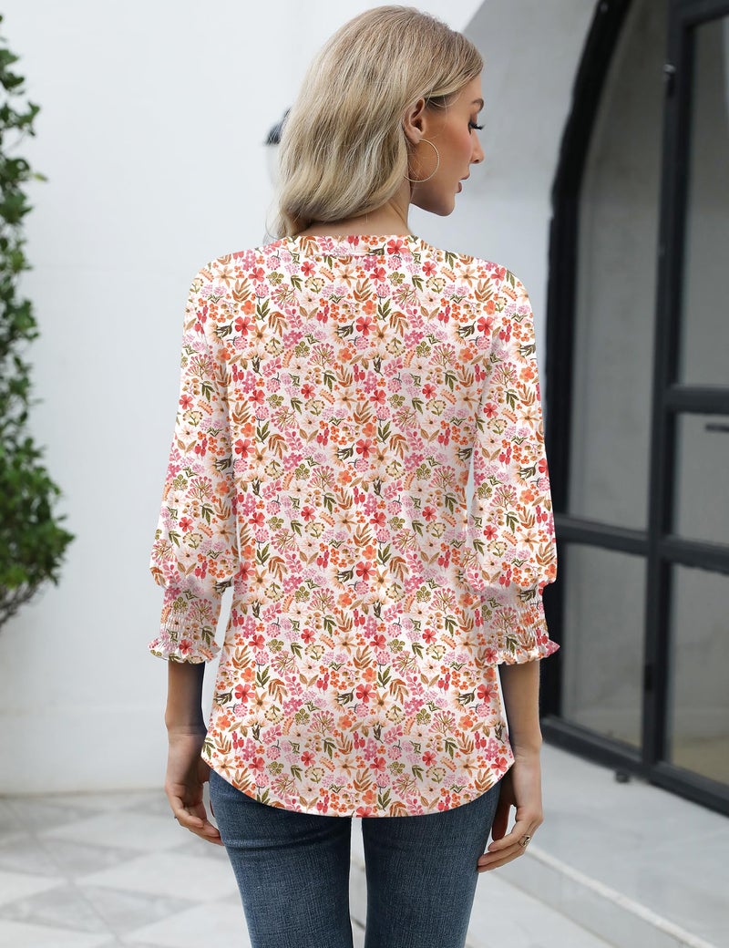 LOMON Womens Summer Tops 3/4 Sleeve Petite Tops Elbow Length Tops Women Shirt Summer Women's 3/4 Sleeve Summer Tops White Red Floral L - Image 4