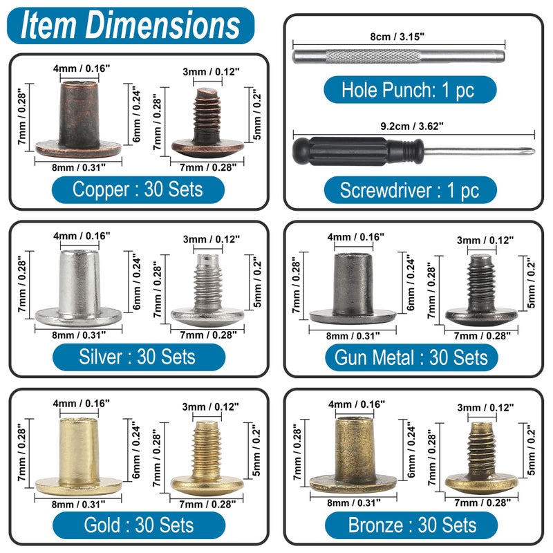 YORANYO 150 Sets 8MM Chicago Screws Leather Rivets for Fabric Chicago Binding Screws Buttons Metal Studs Rivets for Decorate and Repair Belts Bags Shoes Purse Dog Collar Leather Craft (Mixed Color) - Image 2