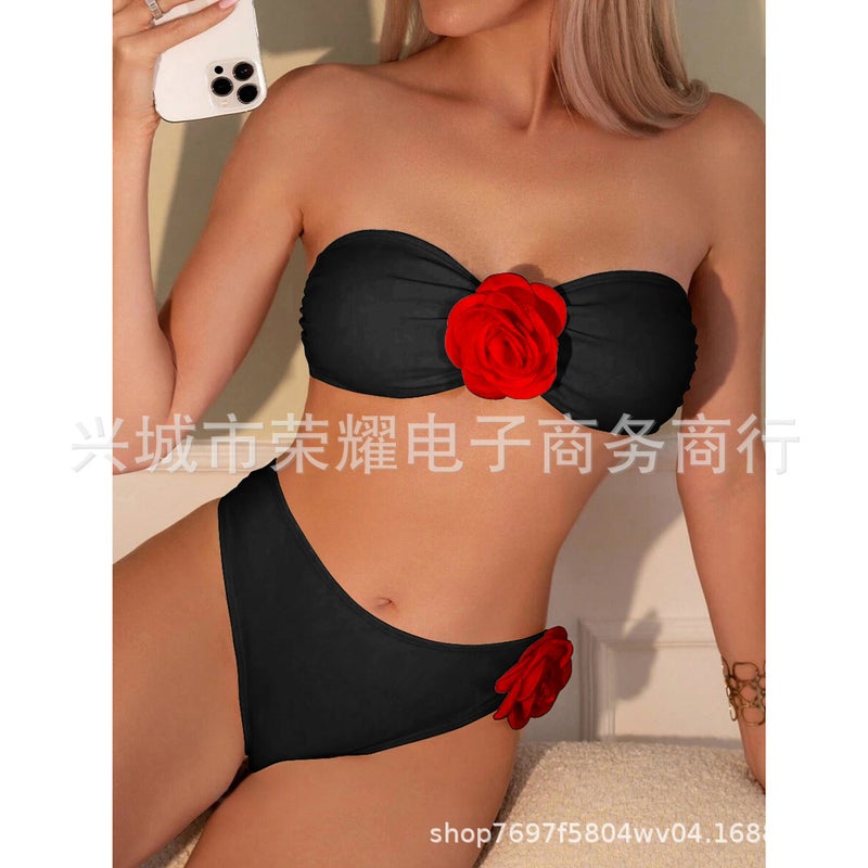 New Rose Tube Top Swimsuit Solid Color Split Swimsuit Bikini Bikini 2024 - Image 1