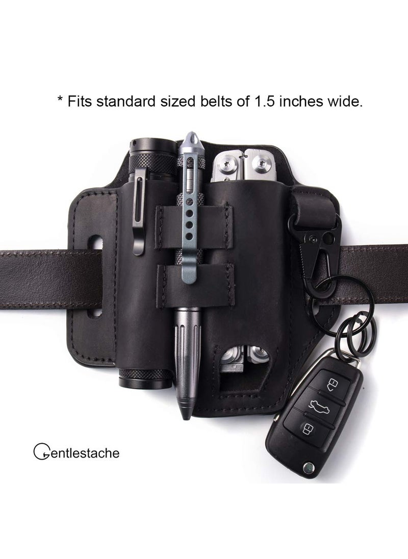 Gentlestache Gentlestache Belt Sheath, Practical EDC Leather Belt Organizer with Multitool Pouch, Flashlight/Pen Holder and Keychain Clip for Men Black  - Image 3