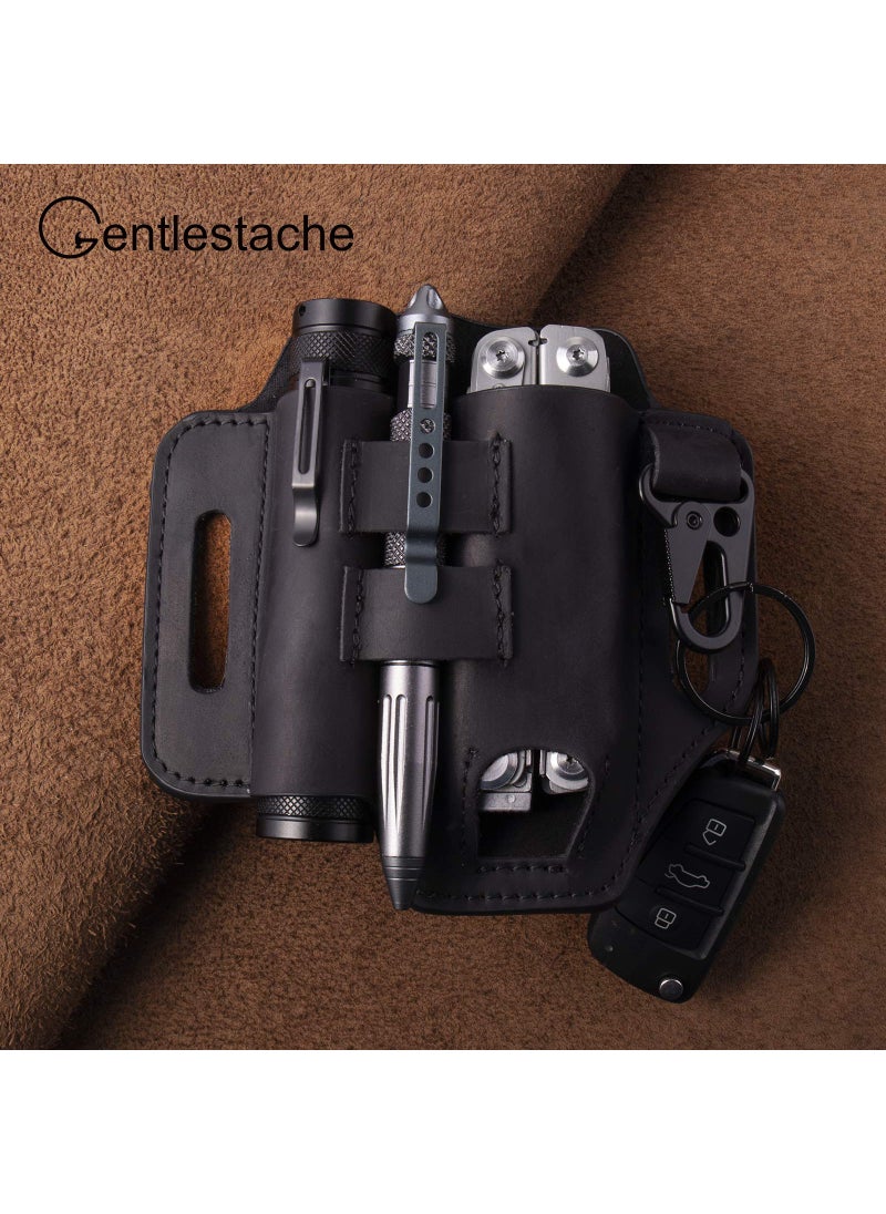 Gentlestache Gentlestache Belt Sheath, Practical EDC Leather Belt Organizer with Multitool Pouch, Flashlight/Pen Holder and Keychain Clip for Men Black  - Image 2