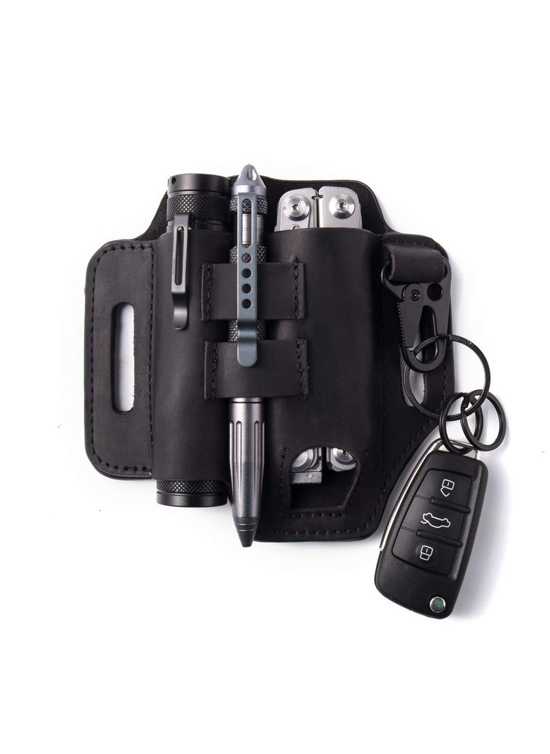 Gentlestache Gentlestache Belt Sheath, Practical EDC Leather Belt Organizer with Multitool Pouch, Flashlight/Pen Holder and Keychain Clip for Men Black  - Image 1