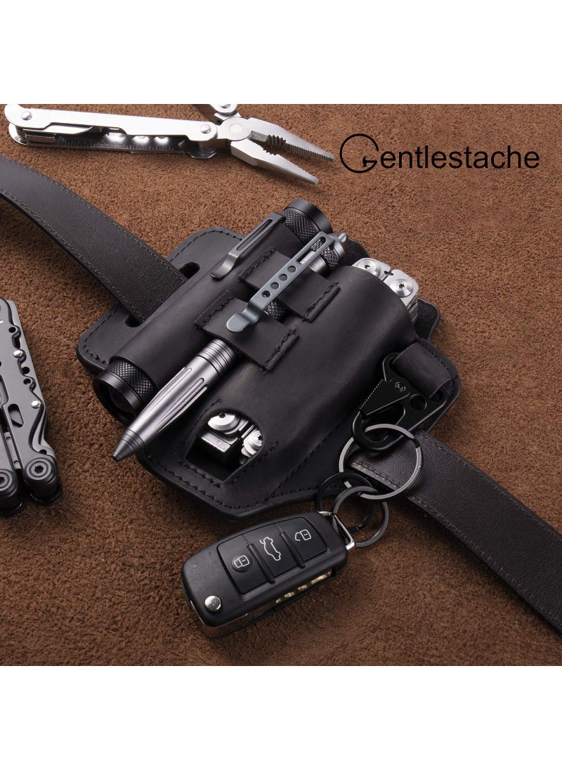 Gentlestache Gentlestache Belt Sheath, Practical EDC Leather Belt Organizer with Multitool Pouch, Flashlight/Pen Holder and Keychain Clip for Men Black  - Image 4