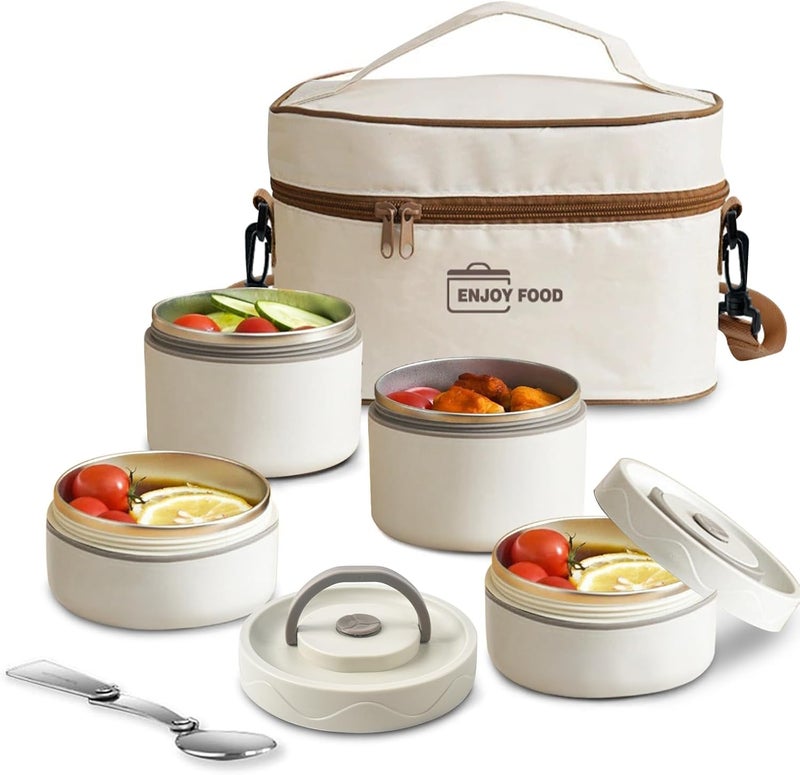 TDOO Microwavable Thermal Lunch Box, Portable Insulated Lunch Containers With Bag, Leakproof Stackable Stainless Steel Food Container For Adults, Kids, Set of 3 Tier Insulated Bento Boxes (beige-c-ae) - Image 2