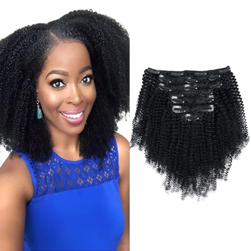Sassina Afro Coily Clip ins Human Hair Extensions Double Wefts 4B 4C Afro Kinky Coily Clip ins for Black Women Jet Black Clip in Hair Extensions Human Hair Full Head 7 Pcs 120 Grams 14 Inch 1