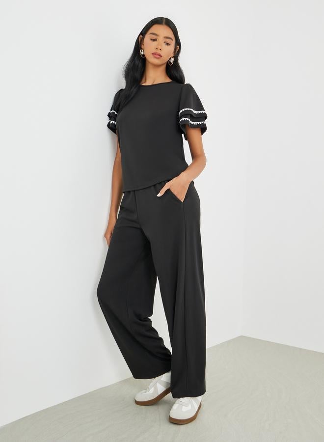 Take Two Styli Flounce Sleeve Round Neck Top and Pants Co-Ords - Image 1