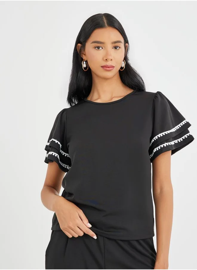 تايك تو Take Two Flounce Sleeve Round Neck Top and Pants Co-Ords