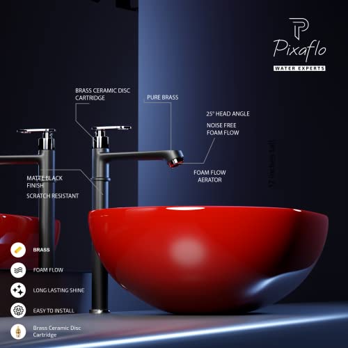 Pixaflo Curio Brass Extended Tall Body Pillar Cock 12 inch Tap for Wash Basin | Deck Mounted | Cold Water Tap (Not Hot & Cold Mixer) | Table Top Faucet | Foam Flow | Matte Black Powder Coated - Image 4