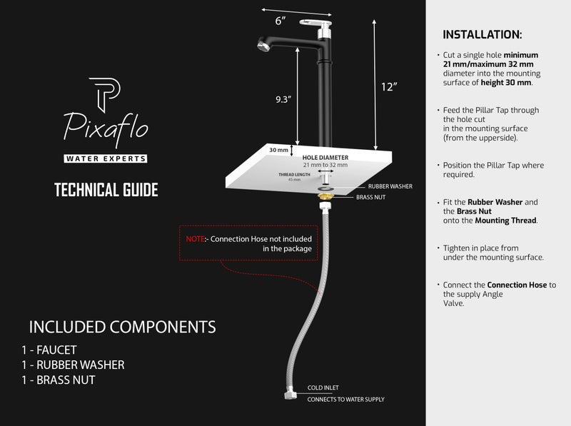 Pixaflo Curio Brass Extended Tall Body Pillar Cock 12 inch Tap for Wash Basin | Deck Mounted | Cold Water Tap (Not Hot & Cold Mixer) | Table Top Faucet | Foam Flow | Matte Black Powder Coated - Image 5