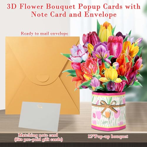 Tidponra Pop Up Card Women, 3D Flower Birthday Cards Popup Tulips Bouquet Get Well Soon Cards with Envelope and Note Card for Mother's Day, Anniversary, Birthday, Home Decor - Image 3