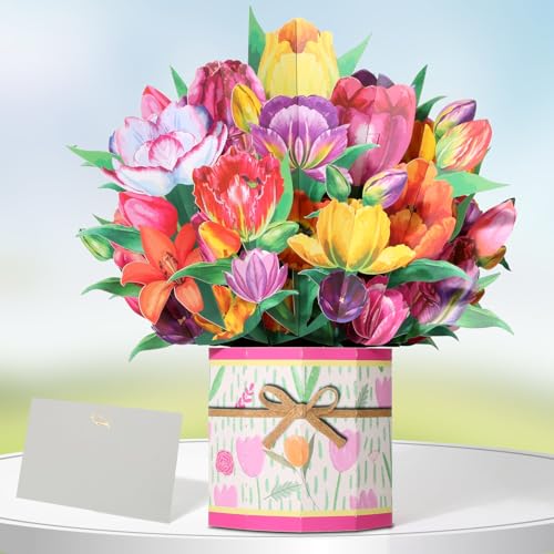 Tidponra Pop Up Card Women, 3D Flower Birthday Cards Popup Tulips Bouquet Get Well Soon Cards with Envelope and Note Card for Mother's Day, Anniversary, Birthday, Home Decor - Image 1