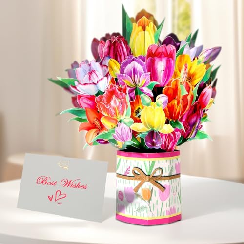 Tidponra Pop Up Card Women, 3D Flower Birthday Cards Popup Tulips Bouquet Get Well Soon Cards with Envelope and Note Card for Mother's Day, Anniversary, Birthday, Home Decor - Image 2