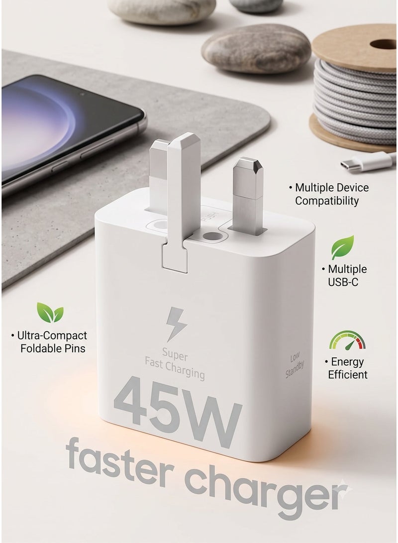 شاحن جداري فائق السرعة بقوة 45 واط بمنفذ USB-C، مزود بقابس ثلاثي الأطراف، متوافق مع هواتف سامسونج جالاكسي S25 ألترا/S25+/S25، وS24 ألترا، وسلسلة S23، والهواتف الذكية والأجهزة اللوحية التي تعمل بنظام أندرويد، بالإضافة إلى أجهزة USB-C. - Image 1